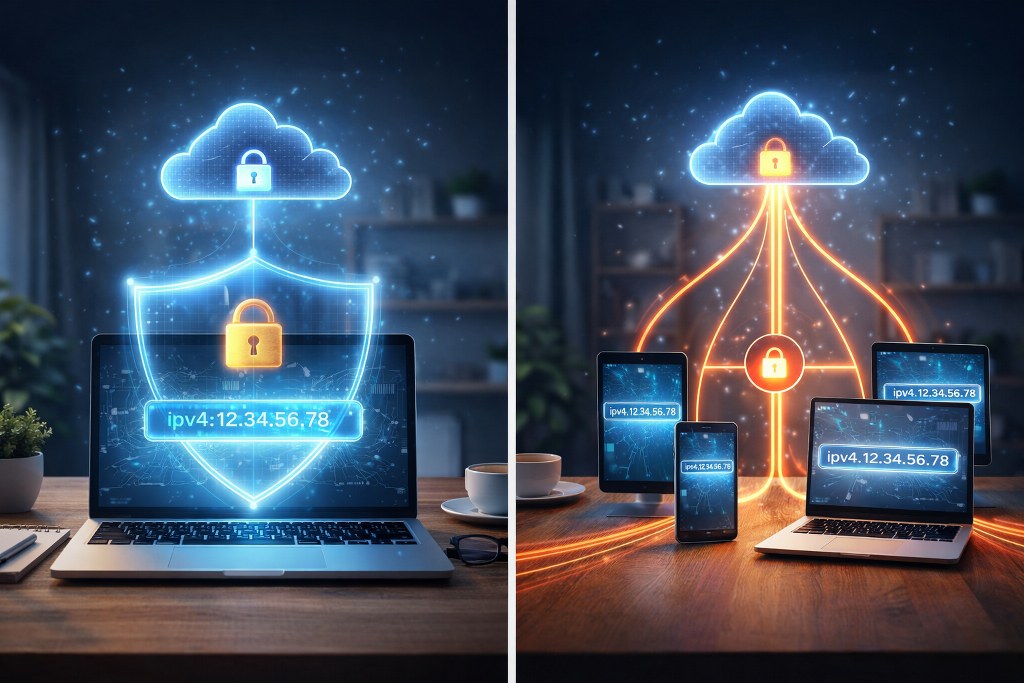 A side-by-side visual showing one device with its own secure connection versus multiple devices sharing a single network path.