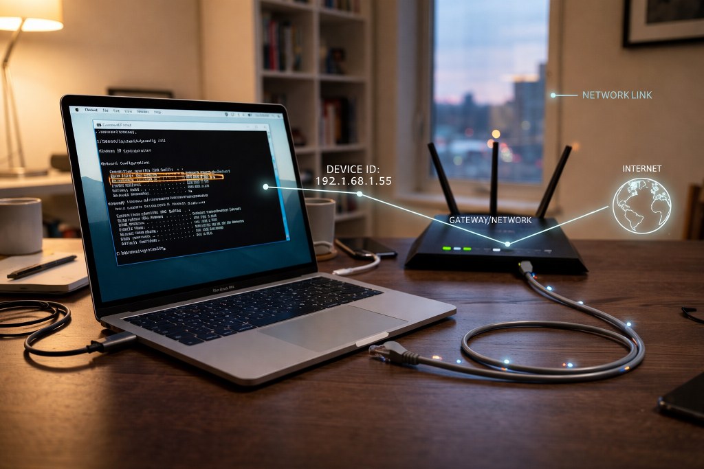 A simple visual of a device connected to a network, representing how an IP address identifies and links devices online.