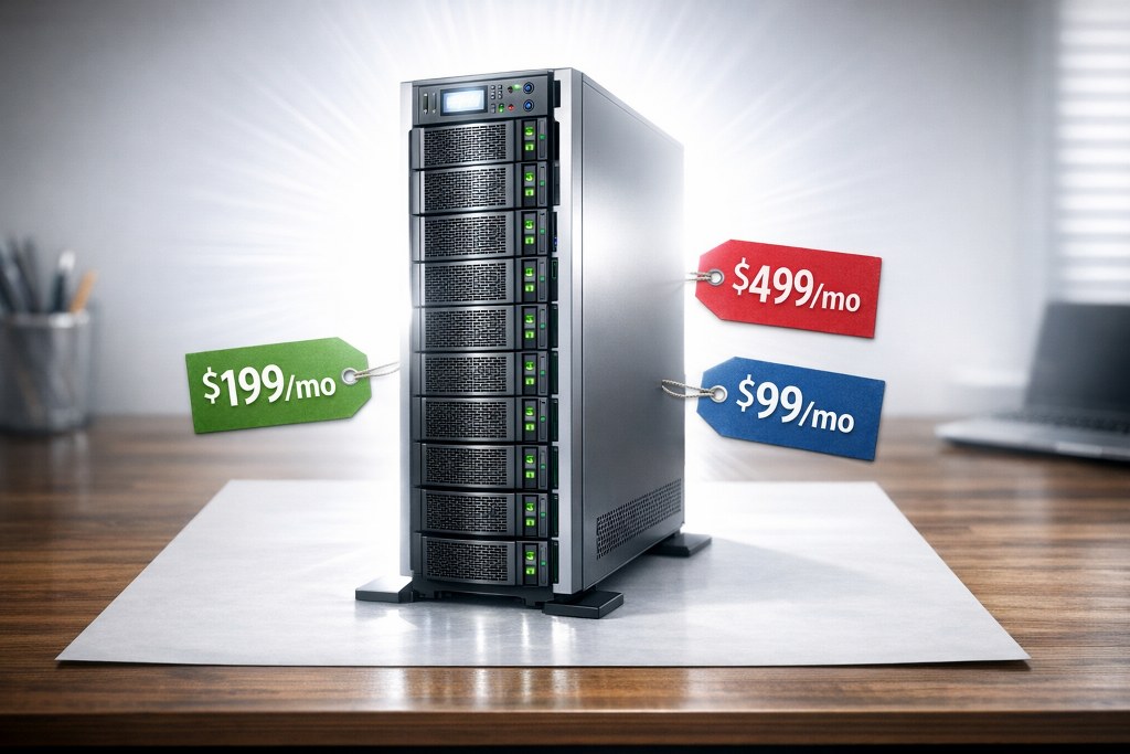 A single server cabinet with price tags around it.