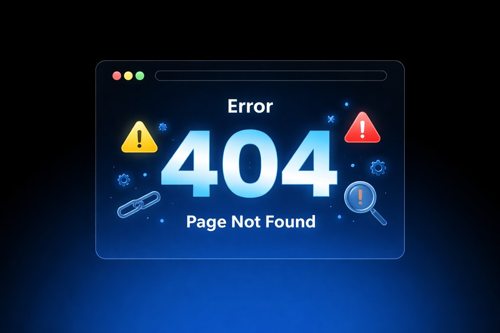 A sleek browser window shows a glowing 404 error with warning icons.