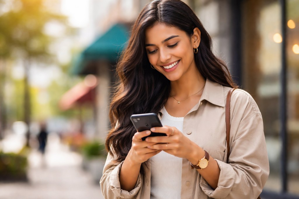 A smiling person enjoying their mobile device, capturing a moment of everyday digital connection.