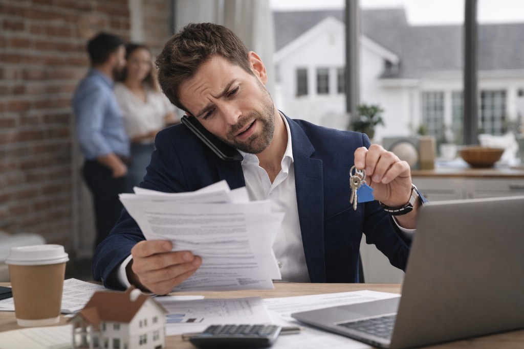 A stressed real estate agent multitasks
