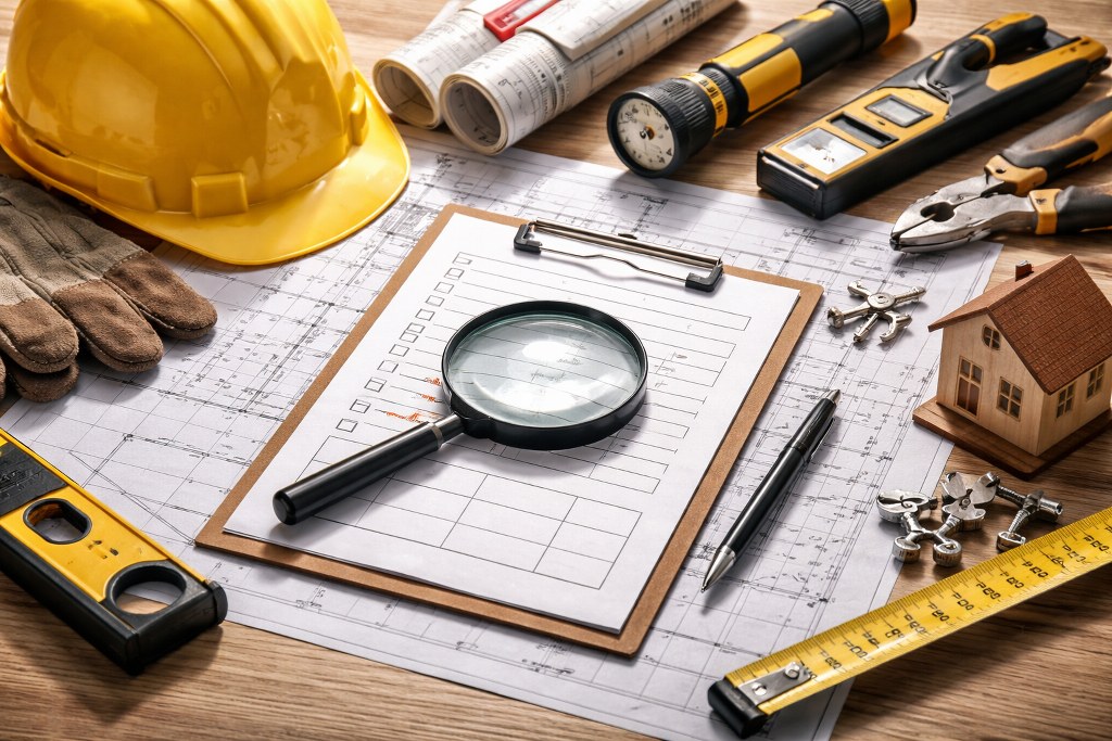 A symbolic scene of site inspection tools, magnifying glass, checklist