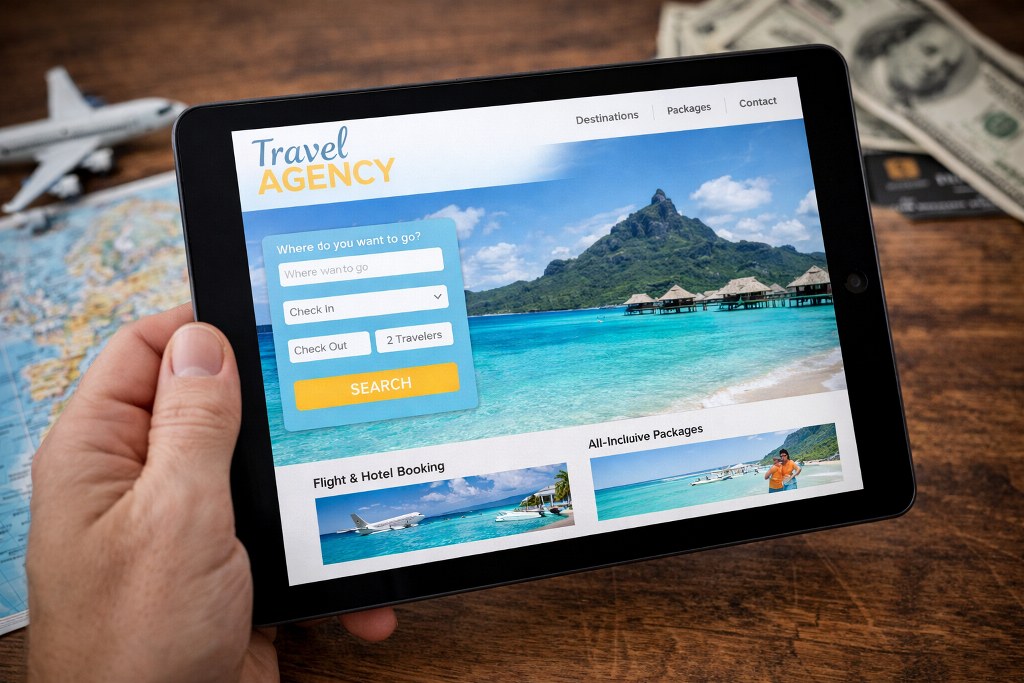 A tablet displays a sleek travel agency website with a beach destination and booking options