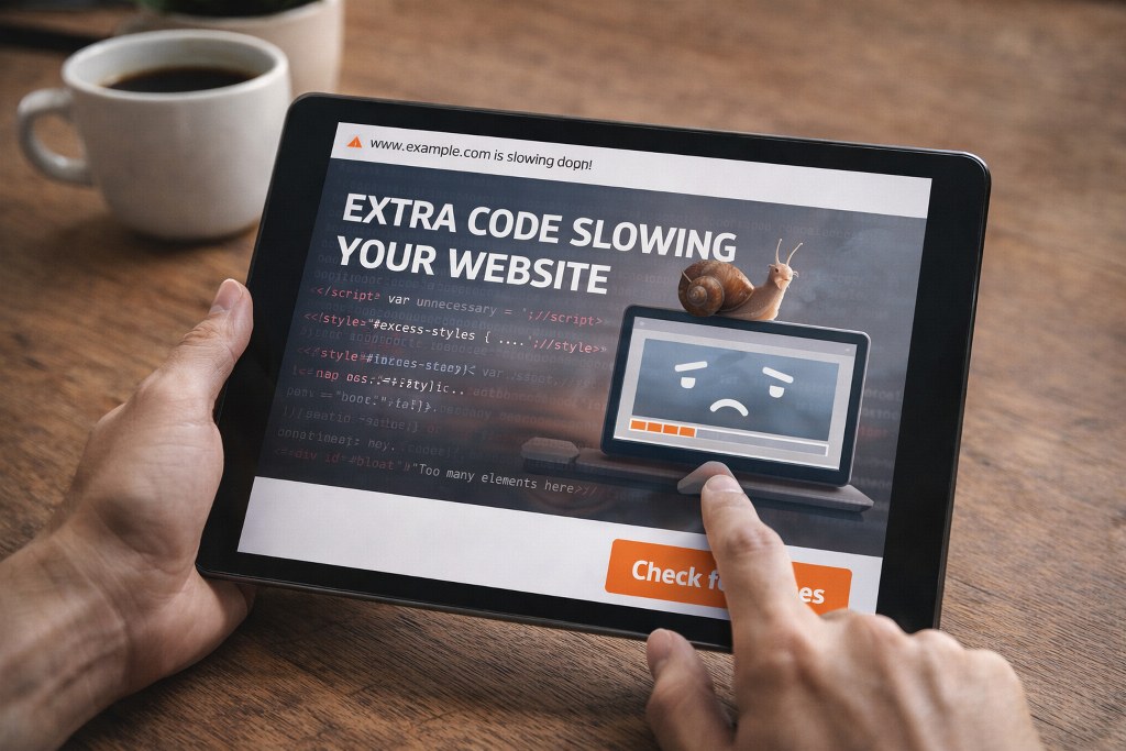 A tablet shows a slow website caused by extra code, symbolized by a snail and loading screen.