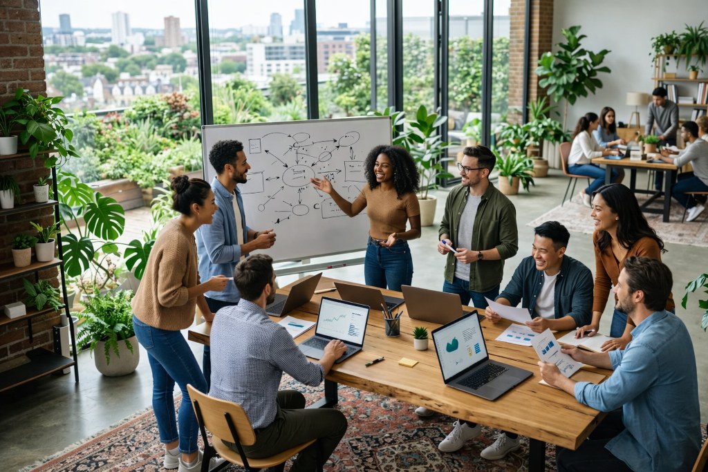 A team collaborates around a table, discussing ideas in a bright, plant-filled office.