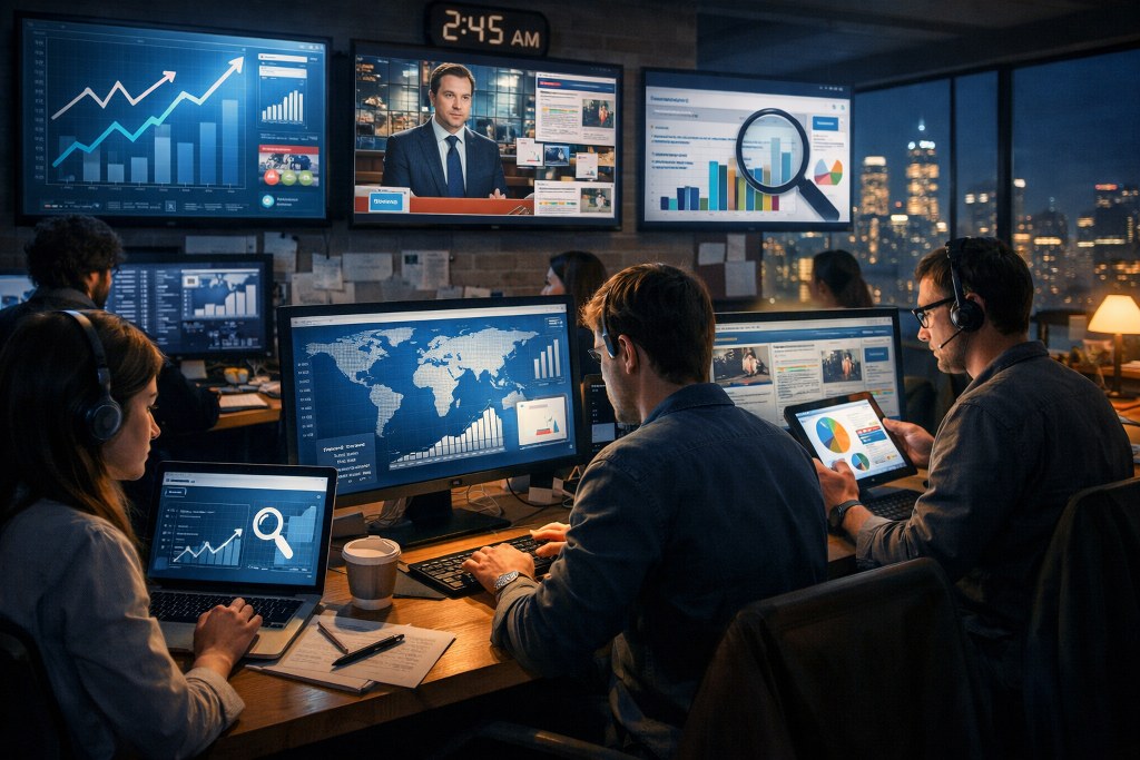 A team of analysts working late, reviewing charts and digital updates across multiple screens