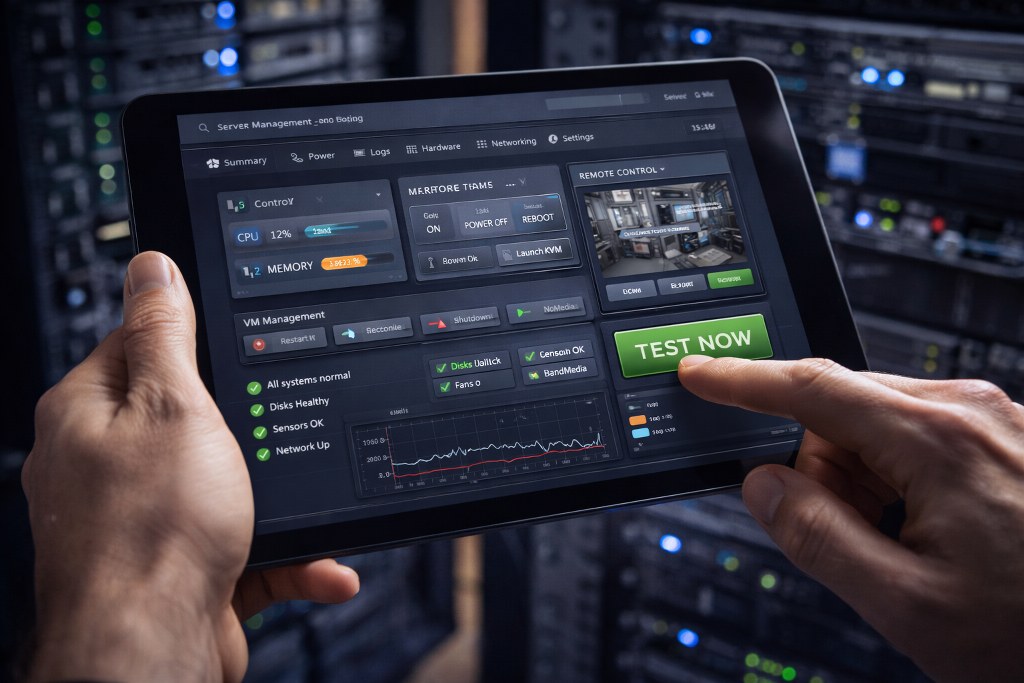 A technician checks glowing server control panels and remote access interfaces