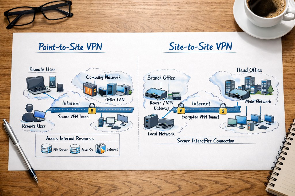 A walkthrough of point to site and site to site VPN on a piece of paper.