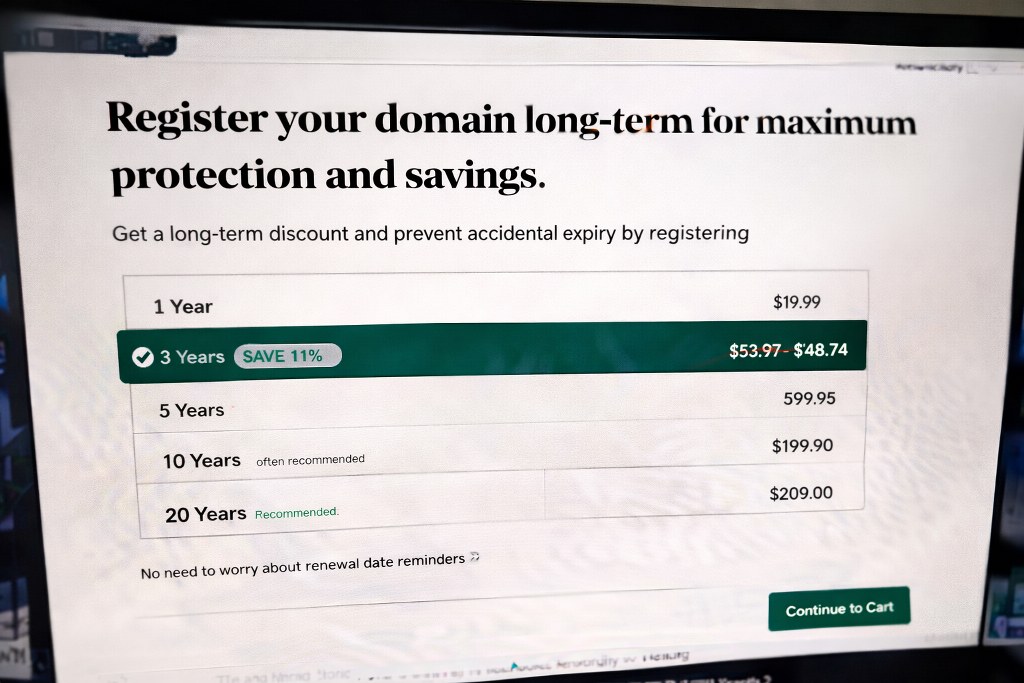 Uma interface de site destacando opções de registro de domínio de longo prazo