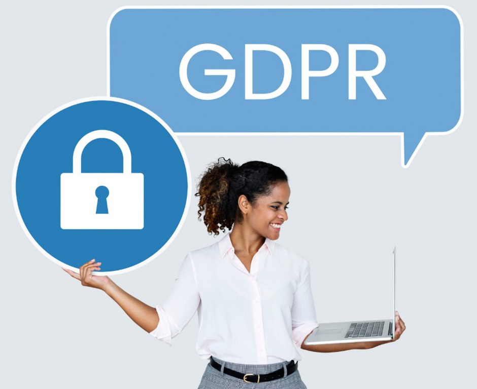 A woman holding a lock with a speech bubble showing GDPR.