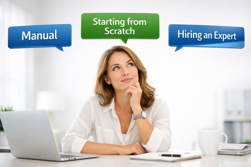 A woman thinking what method to choose for changing a Wix template.