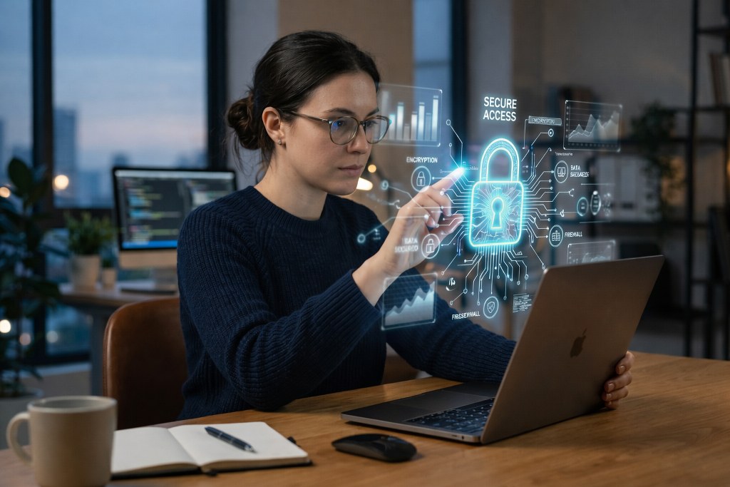 A woman works on a laptop while interacting with a glowing digital security interface featuring a padlock and data icons.