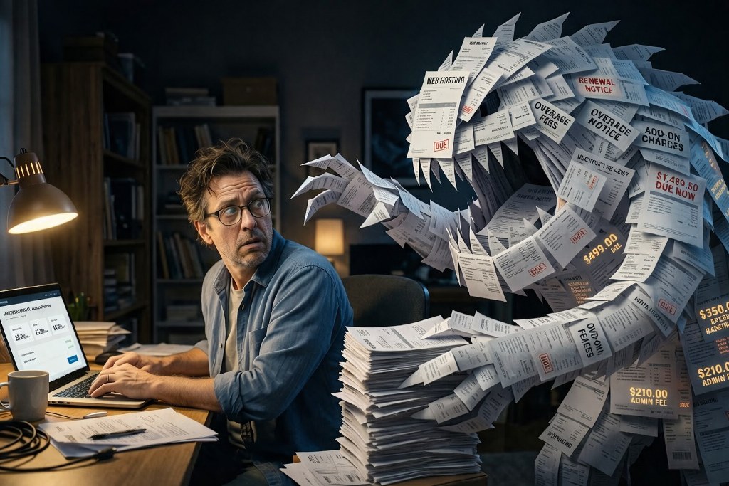 A worried man at his desk is overwhelmed as a swirling monster made of bills and invoices looms beside him.