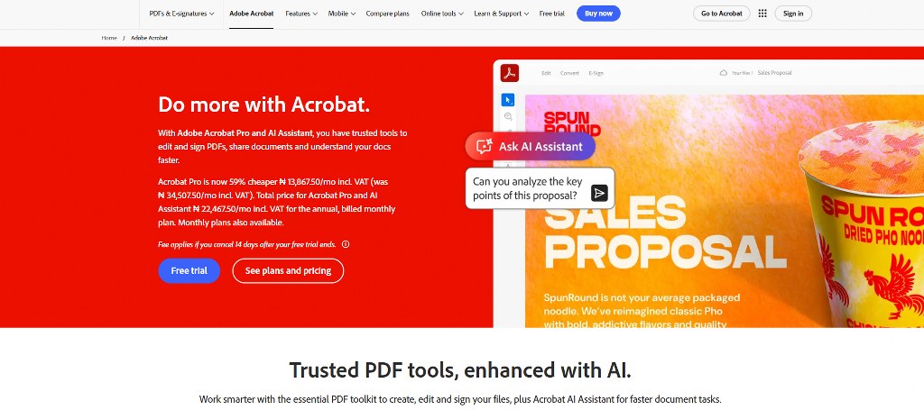 Adobe Acrobat's website homepage.