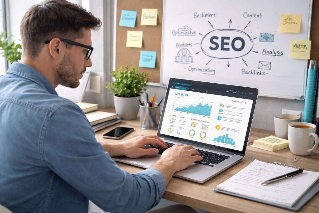 An SEO specialist analyzes data on a laptop, surrounded by notes, charts, and optimization ideas.