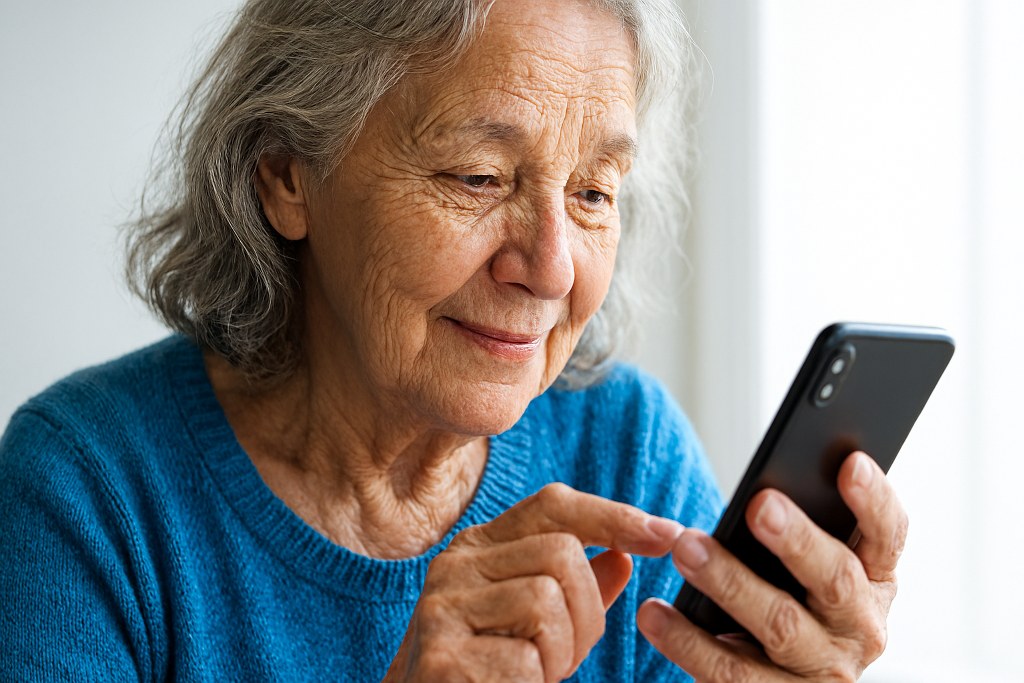 An elderly woman scrolling her phone.