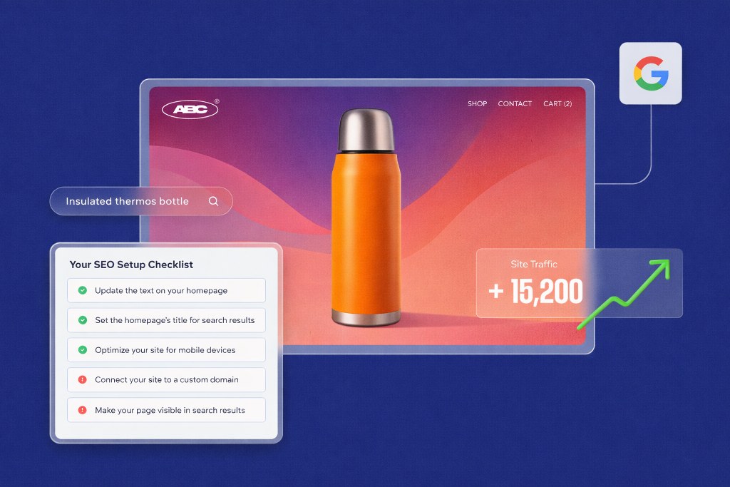 An online store screen features a thermos bottle with SEO checklist and rising traffic indicator.