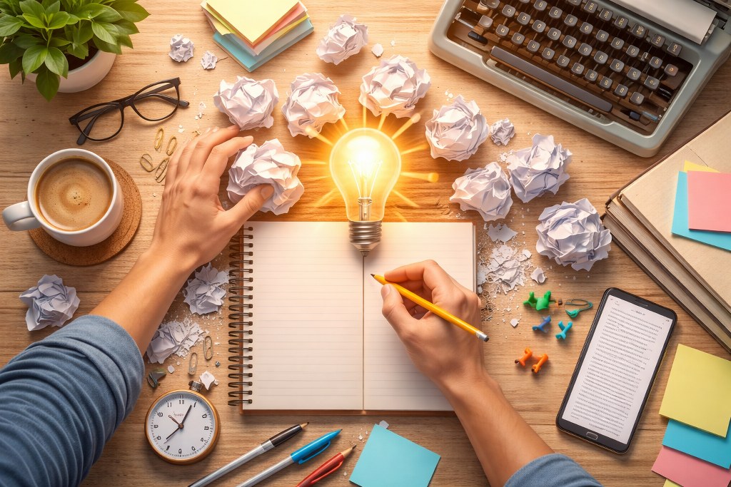 An overhead scene of a writer breaking through creative block