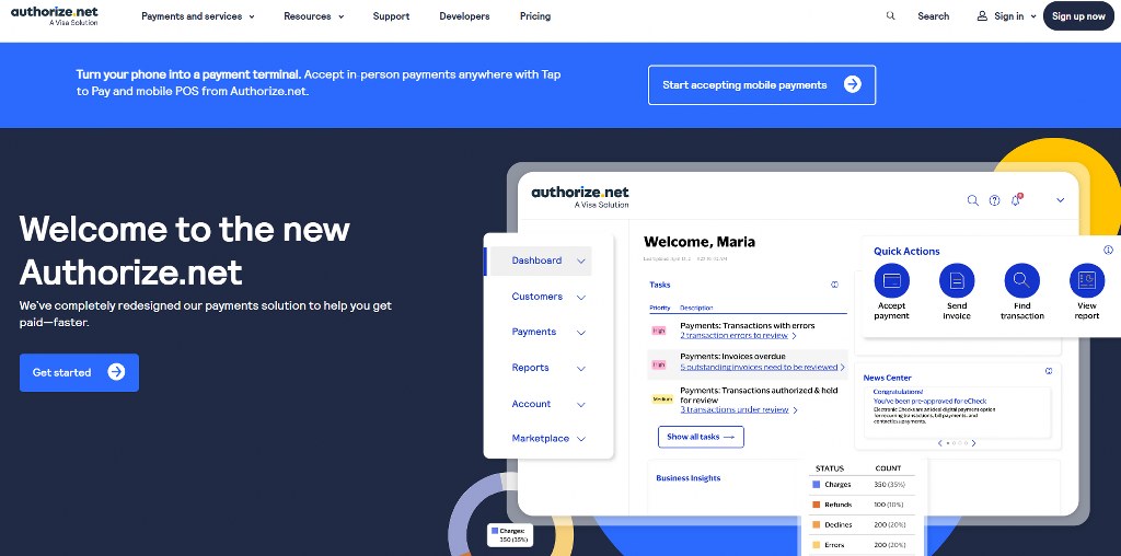 Authorize.net website homepage.