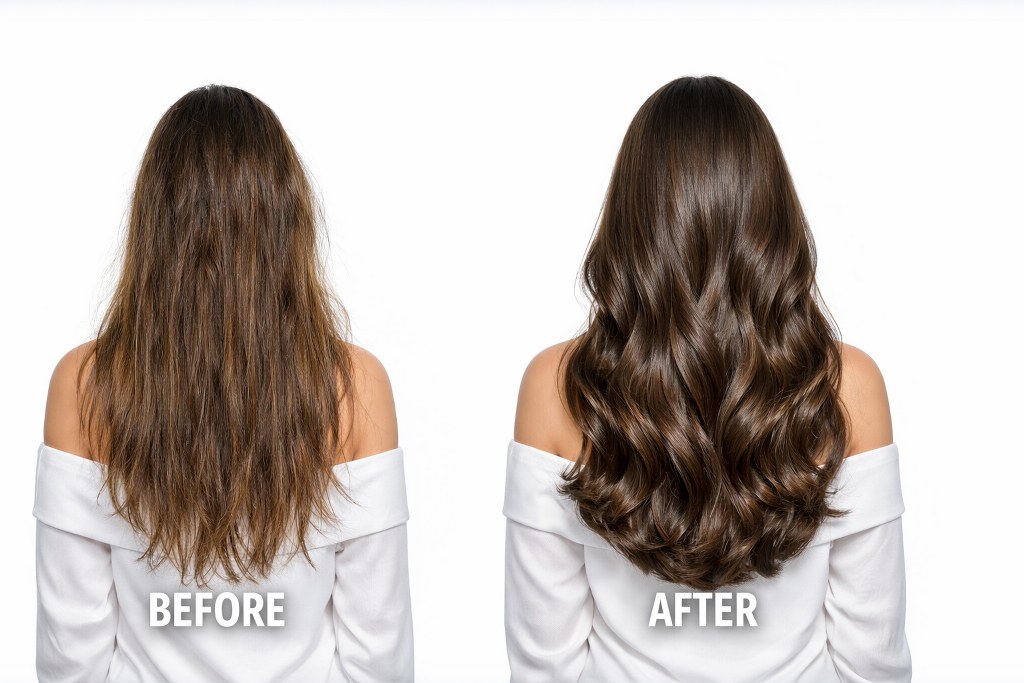 Before and after a hair makeover.