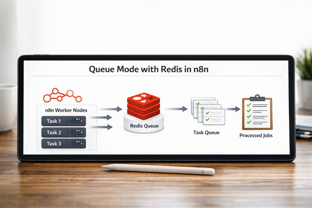 Bright tablet display showing n8n Queue Mode with Redis workflow clarity.