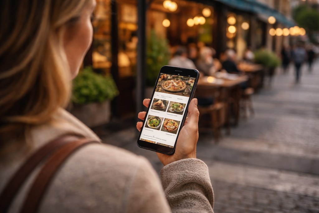 Browsing dinner options on a city street.
