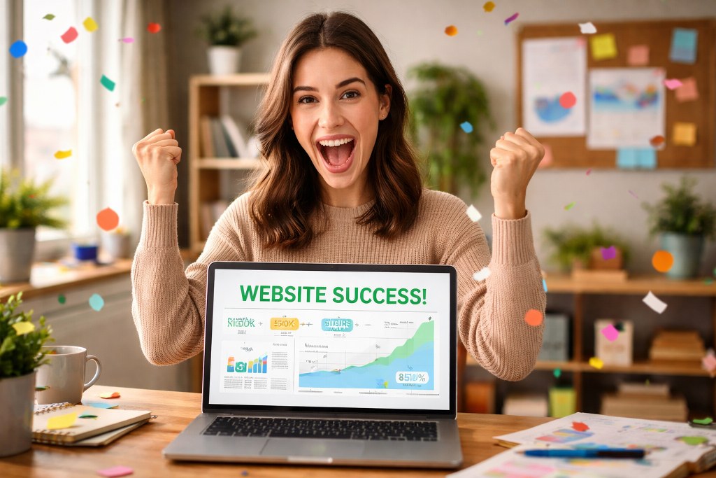 Celebrating website success in the home office.