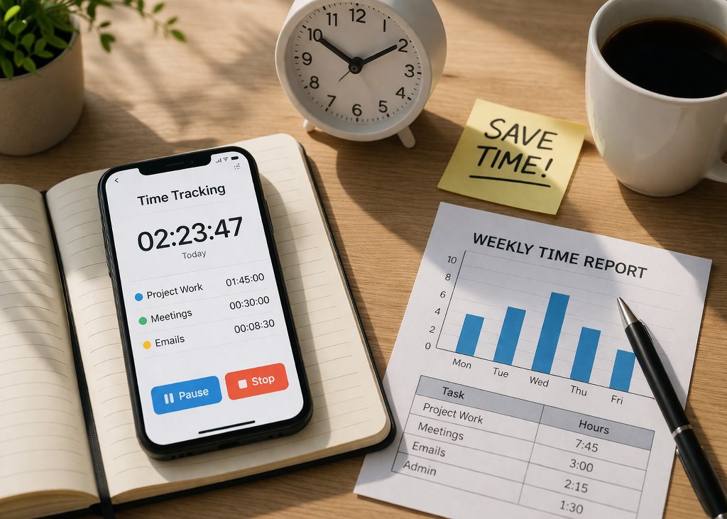Clean desk setup with a smartphone time tracker, clock, and notes