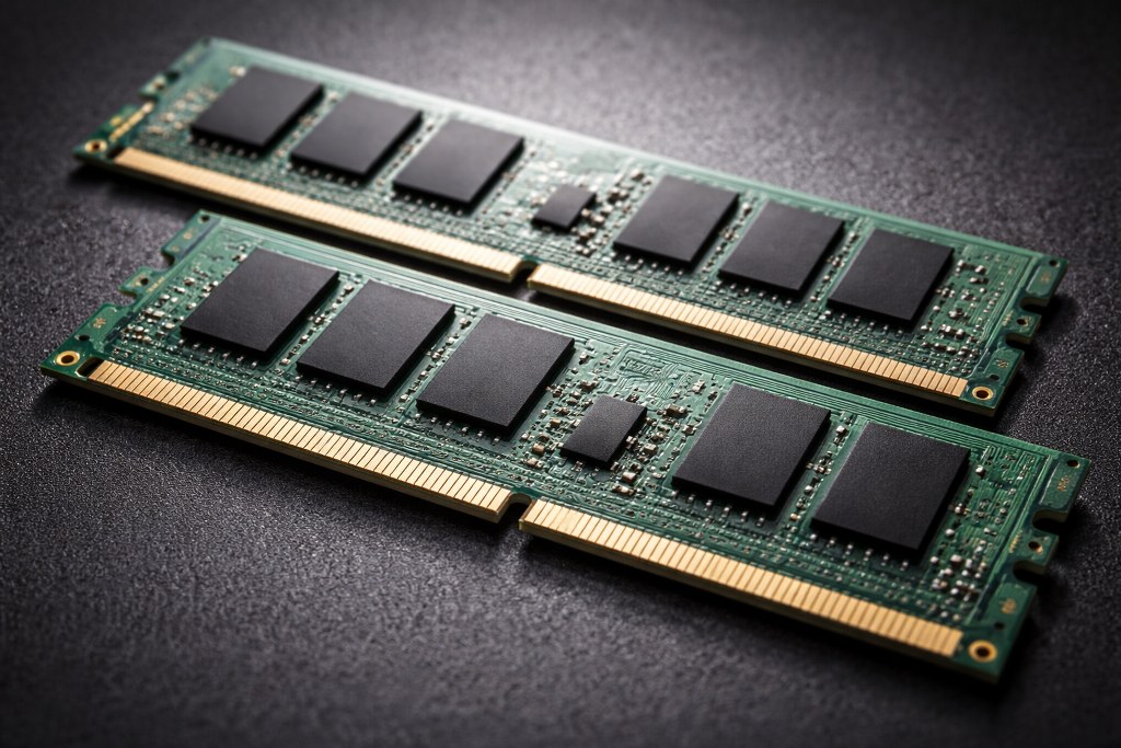 Close-up of RAM modules showing memory chips and gold connectors.