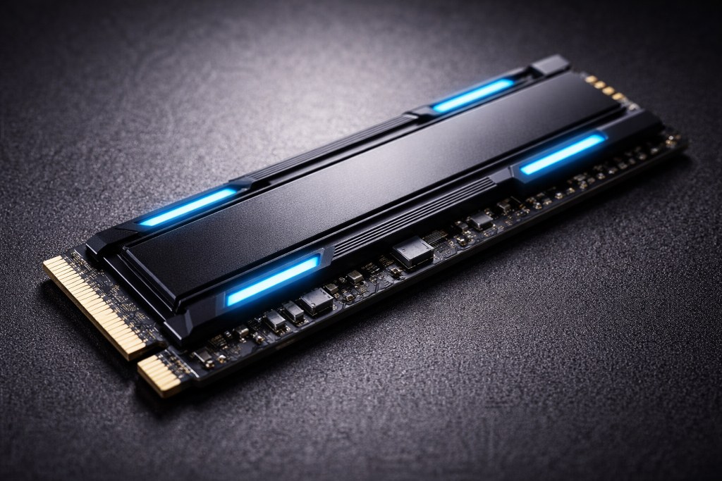 Close-up of a high-speed NVMe SSD with sleek design and gold connector.