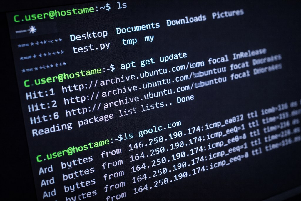 Close-up of a terminal interface displaying system commands and outputs.