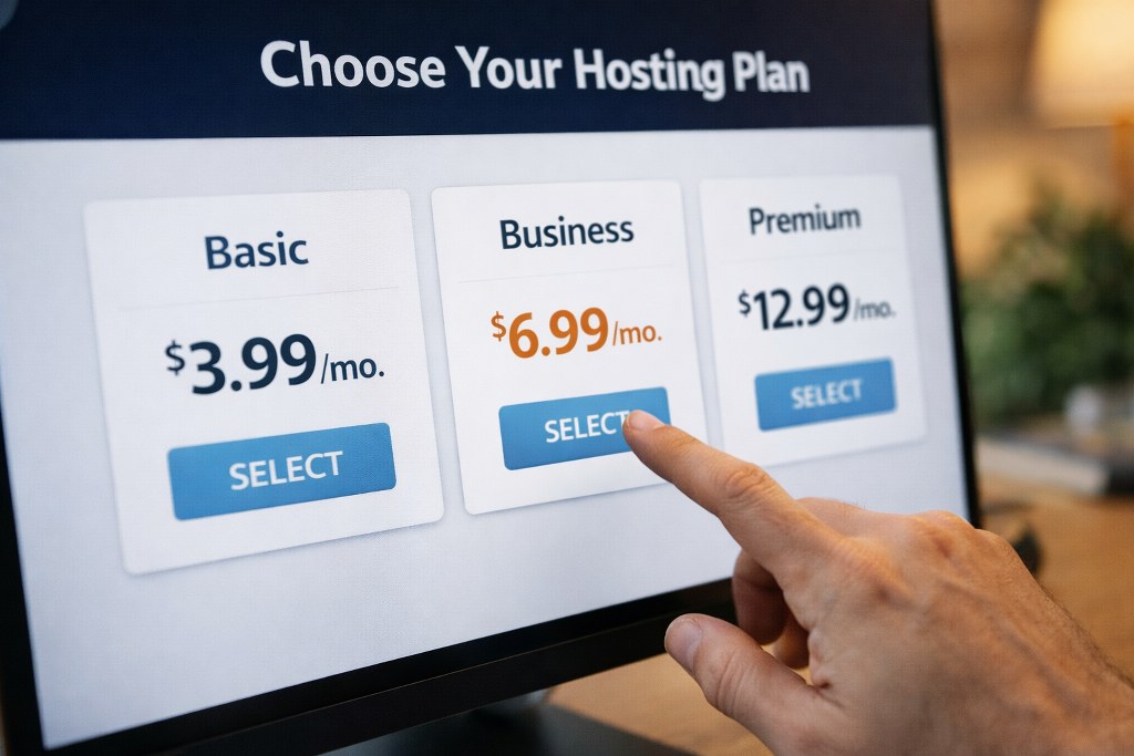 Close-up of hand selecting a hosting plan option.