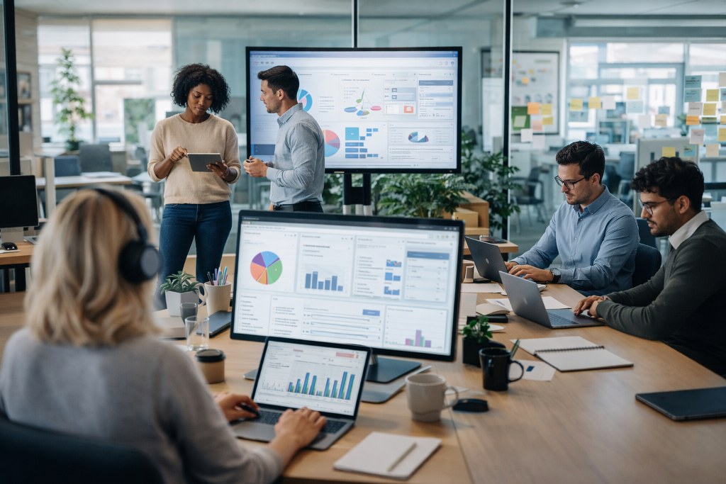Collaborative workspace with diverse team.