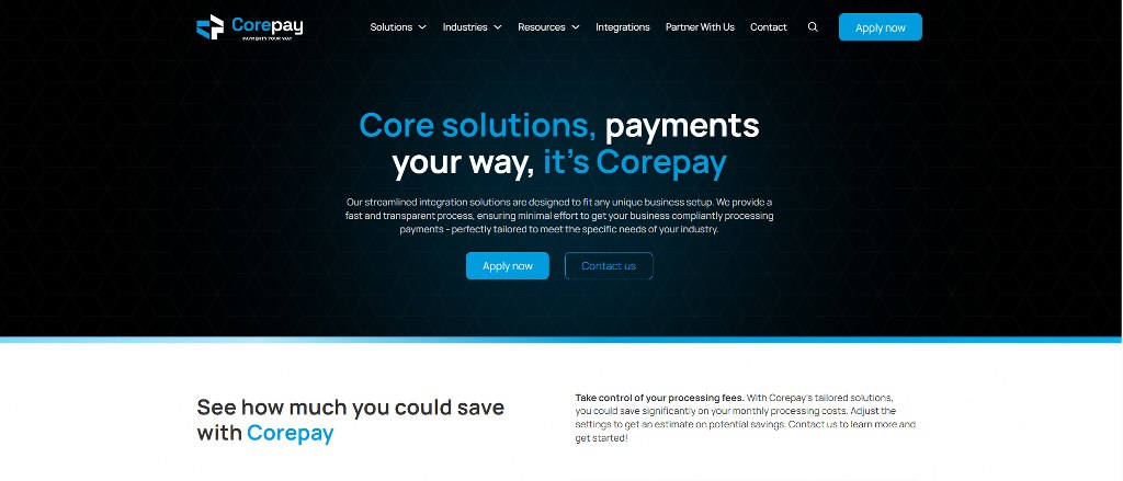 Corepays homepage.
