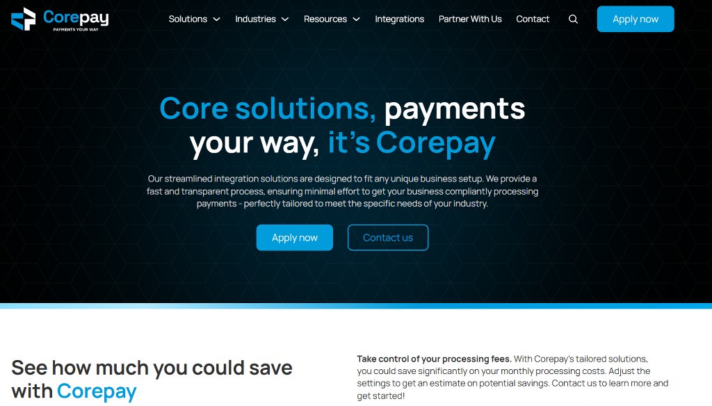 Corepay's website homepage.