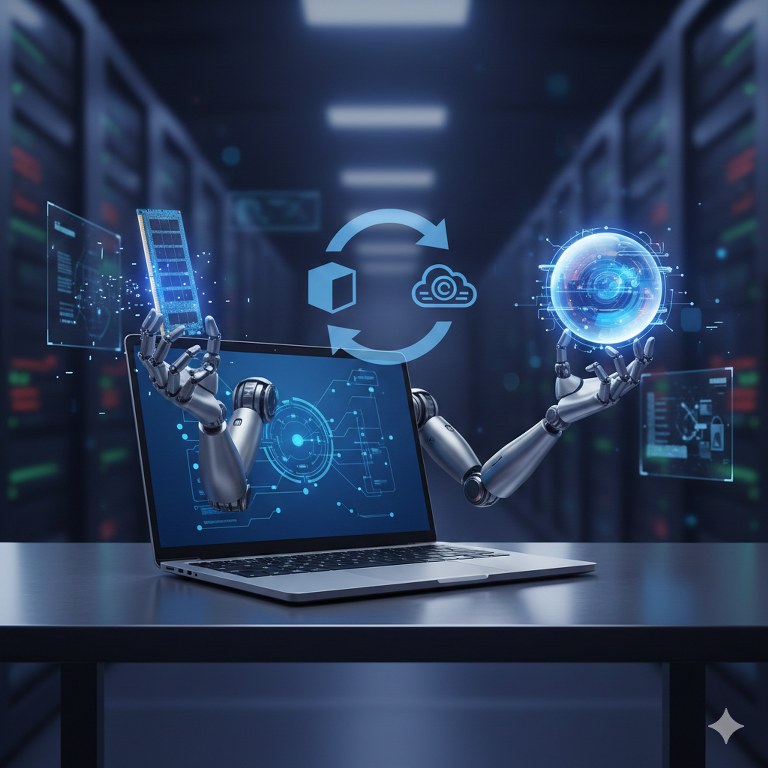 Create hyperrealistic hero image showing a laptop that has arms and hands while it holds an RAM on the left hand while on the right it holds virtual memory