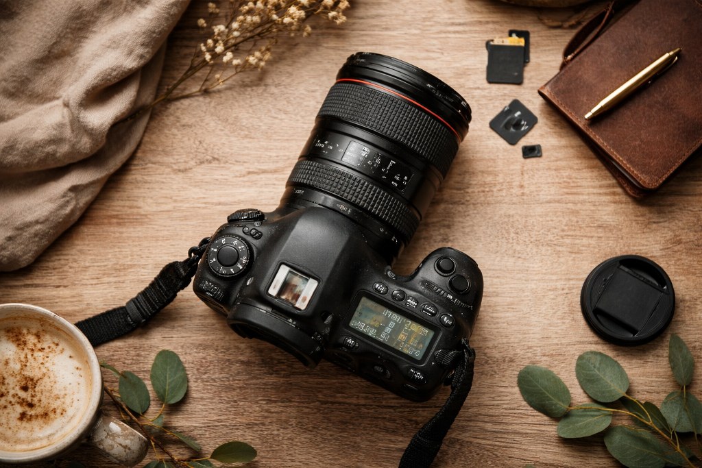 DSLR camera flat lay on table.