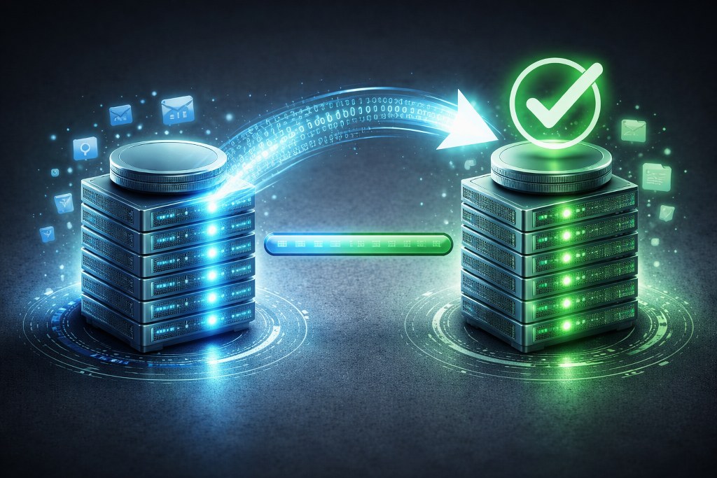 Data replicated between servers, then switched to the new system.
