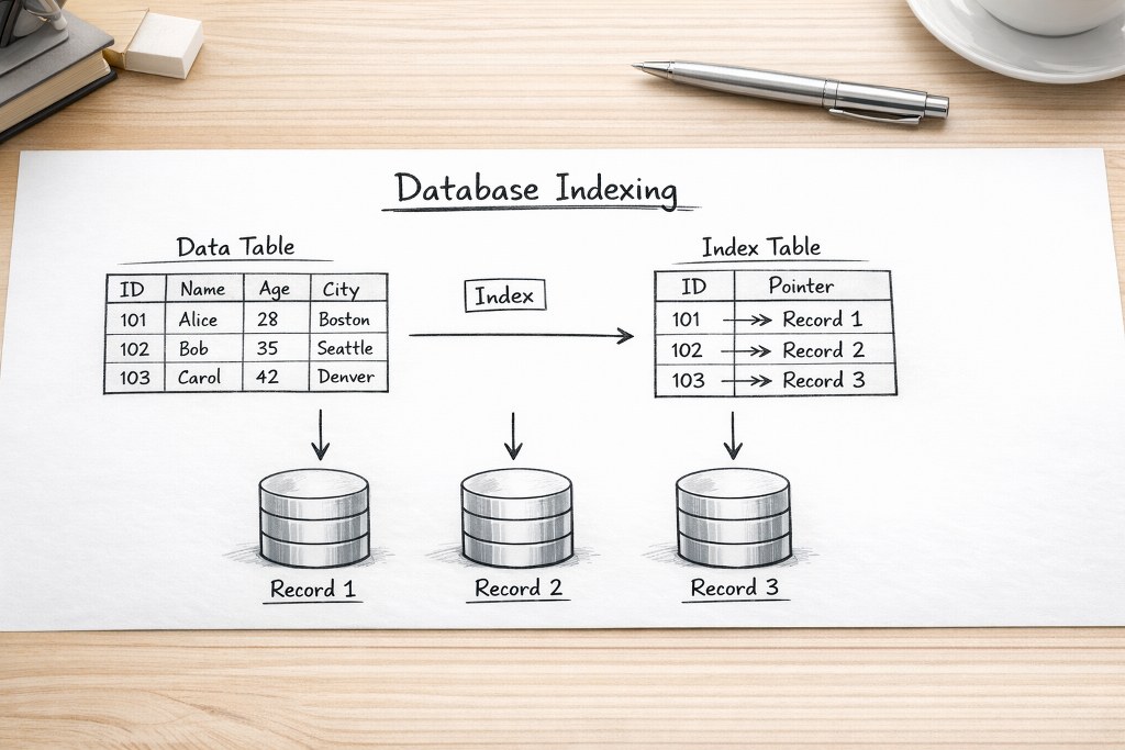 Database indexing illustration on a piece of paper.
