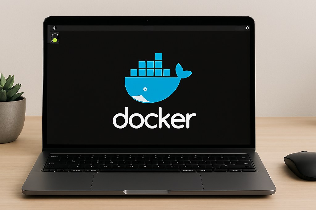 Docker logo on a laptop screen.