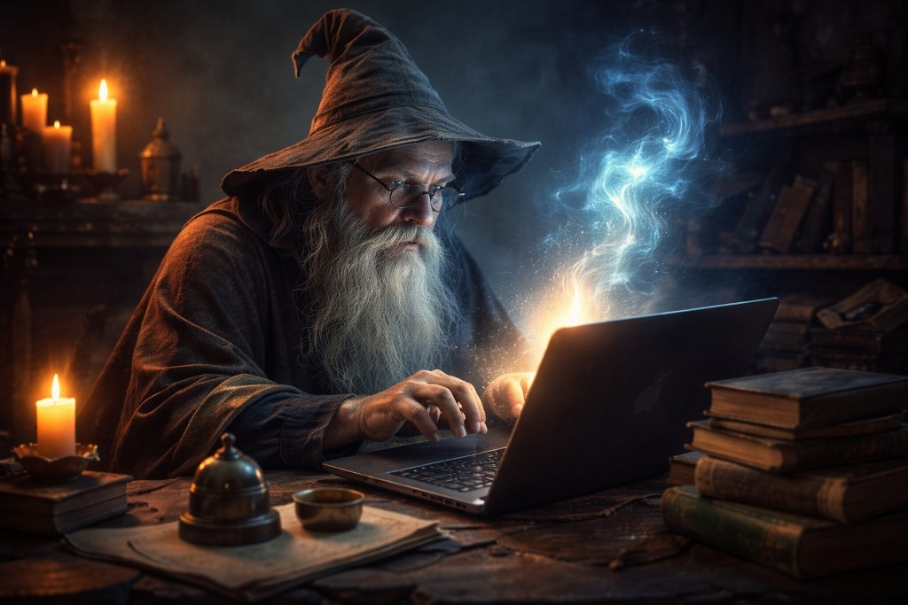 Elderly wizard working with magic laptop.
