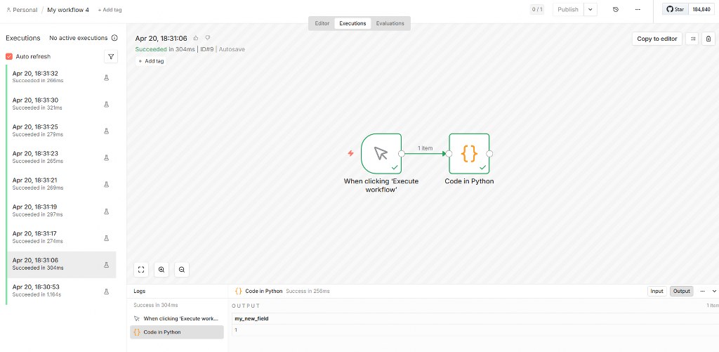 Execution logs for a Workflow on n8n.