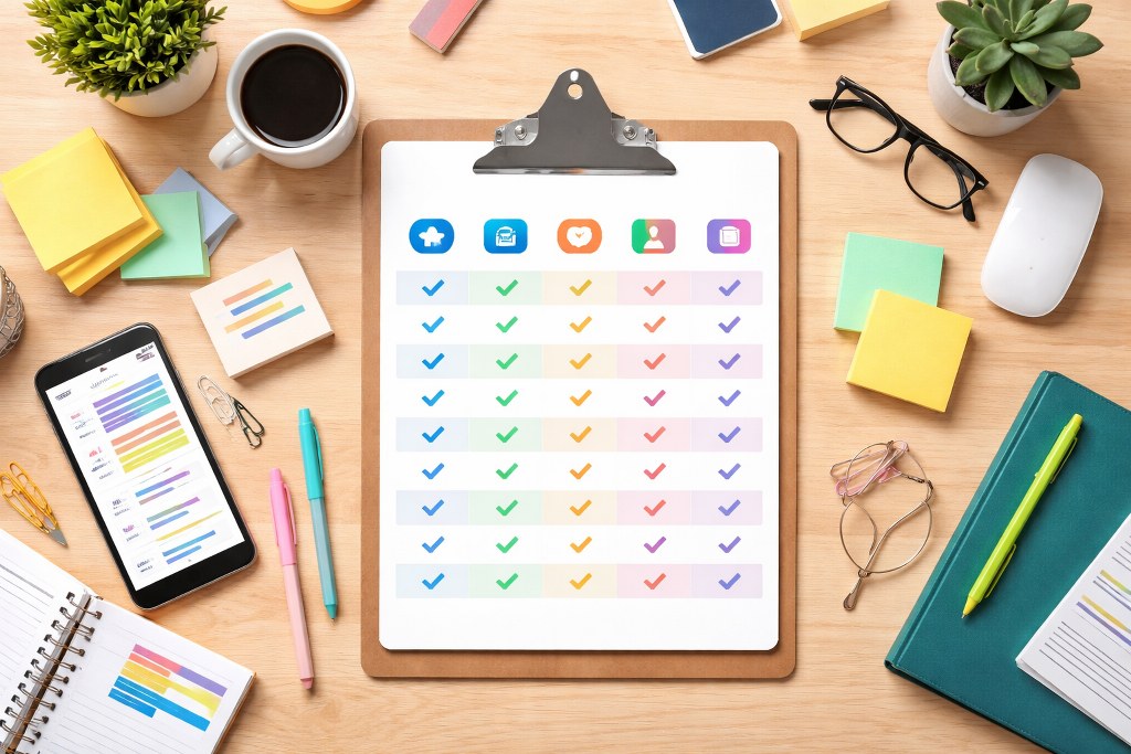 Flat lay of a workspace featuring a visual comparison chart of project management tools