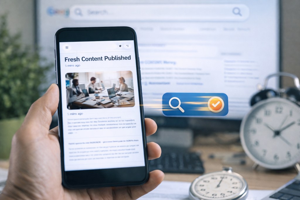 Freshly published content instantly reaching users, symbolized by real-time visibility and speed.