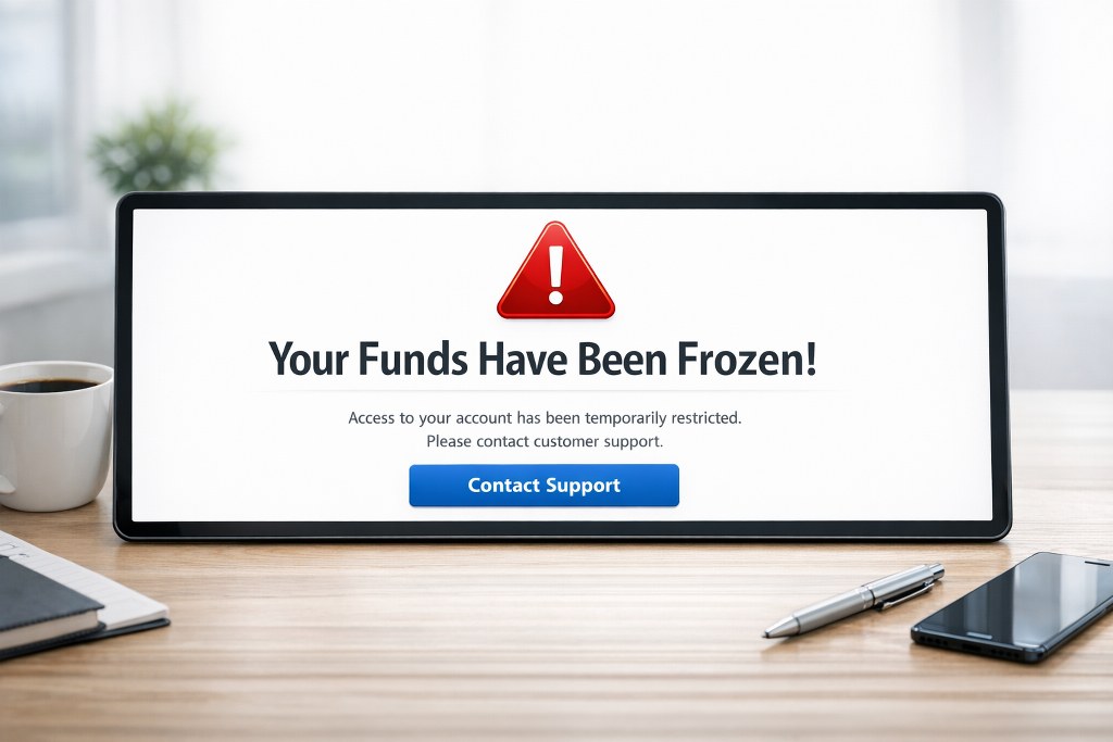 Funds frozen notification on a tablet.