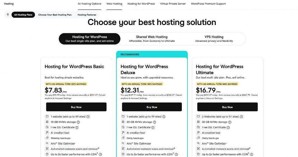 GoDaddy pricing plans.