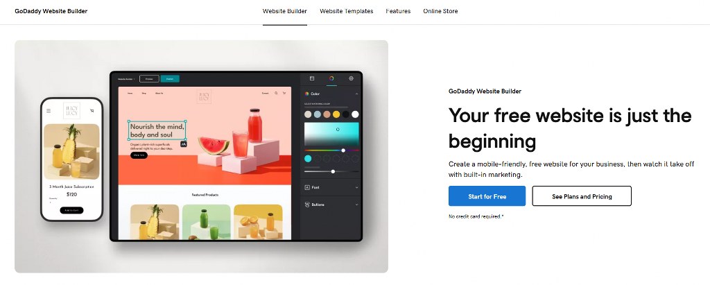 GoDaddy's website builder homepage.
