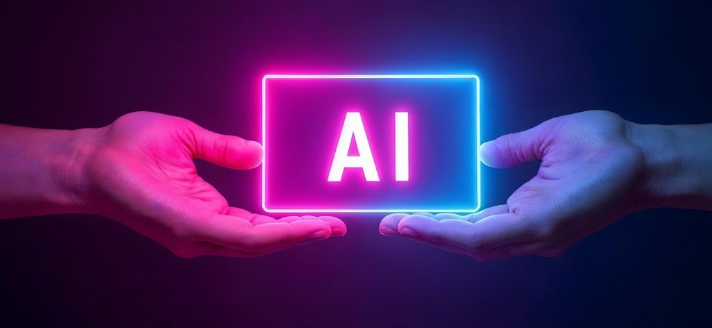 Hands holding an illuminated AI logo.