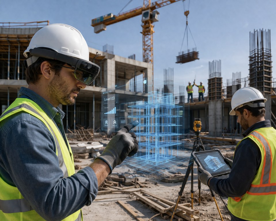 High-tech construction site with AR models.